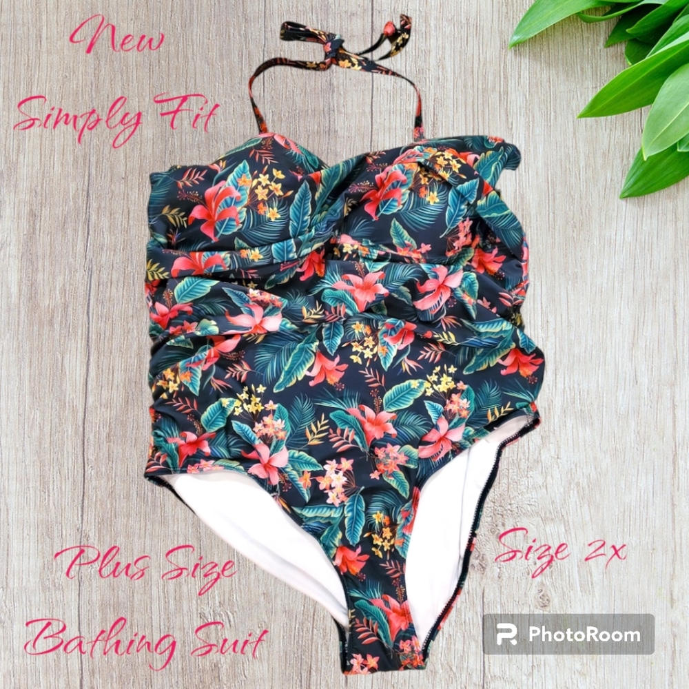 Simply Fit Bathing Suit, Halter Strap Tropical Floral Print, Plus-Size
